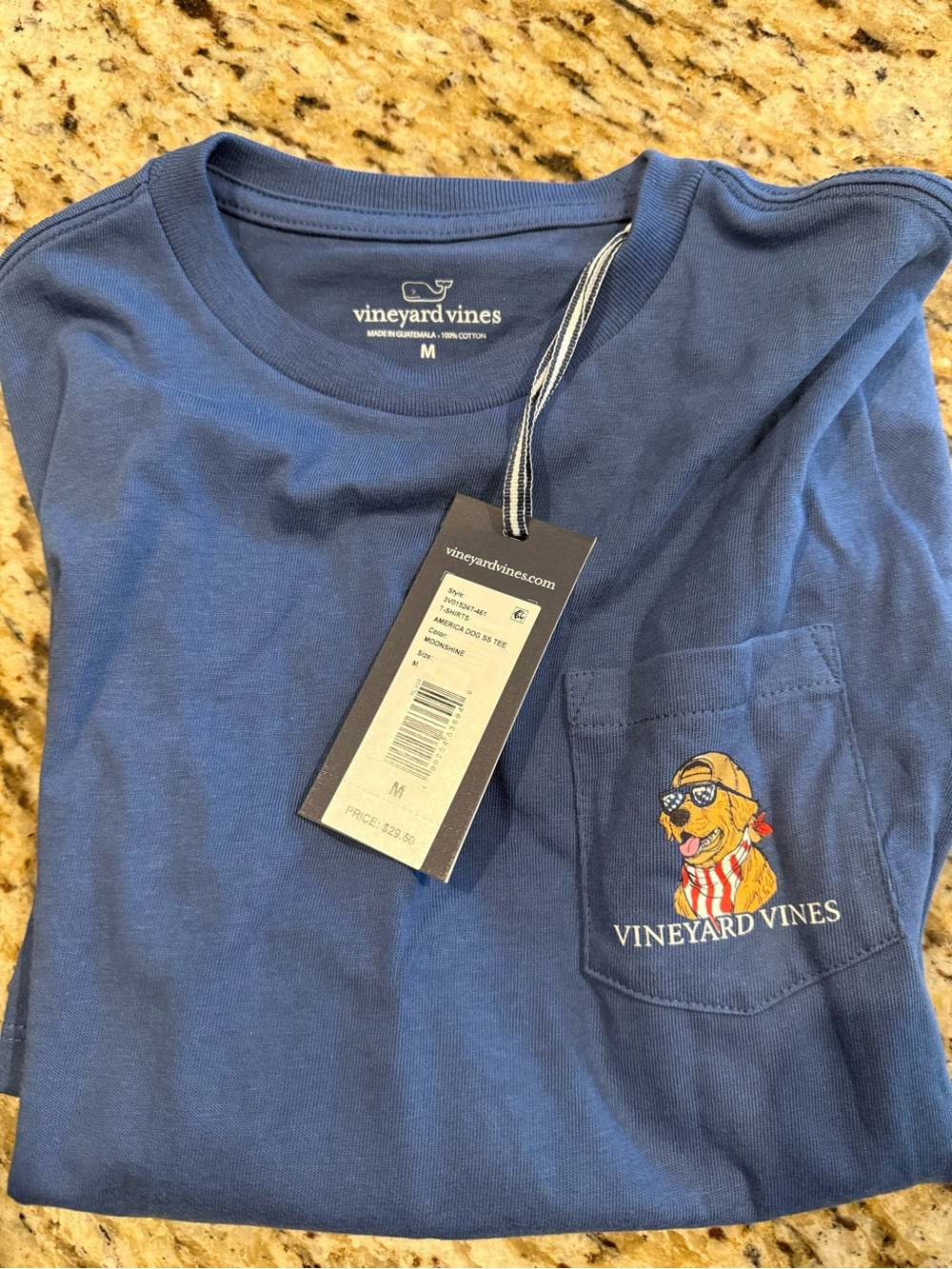 Vineyard Vines Blue Tee with Patriotic Dog Graphic